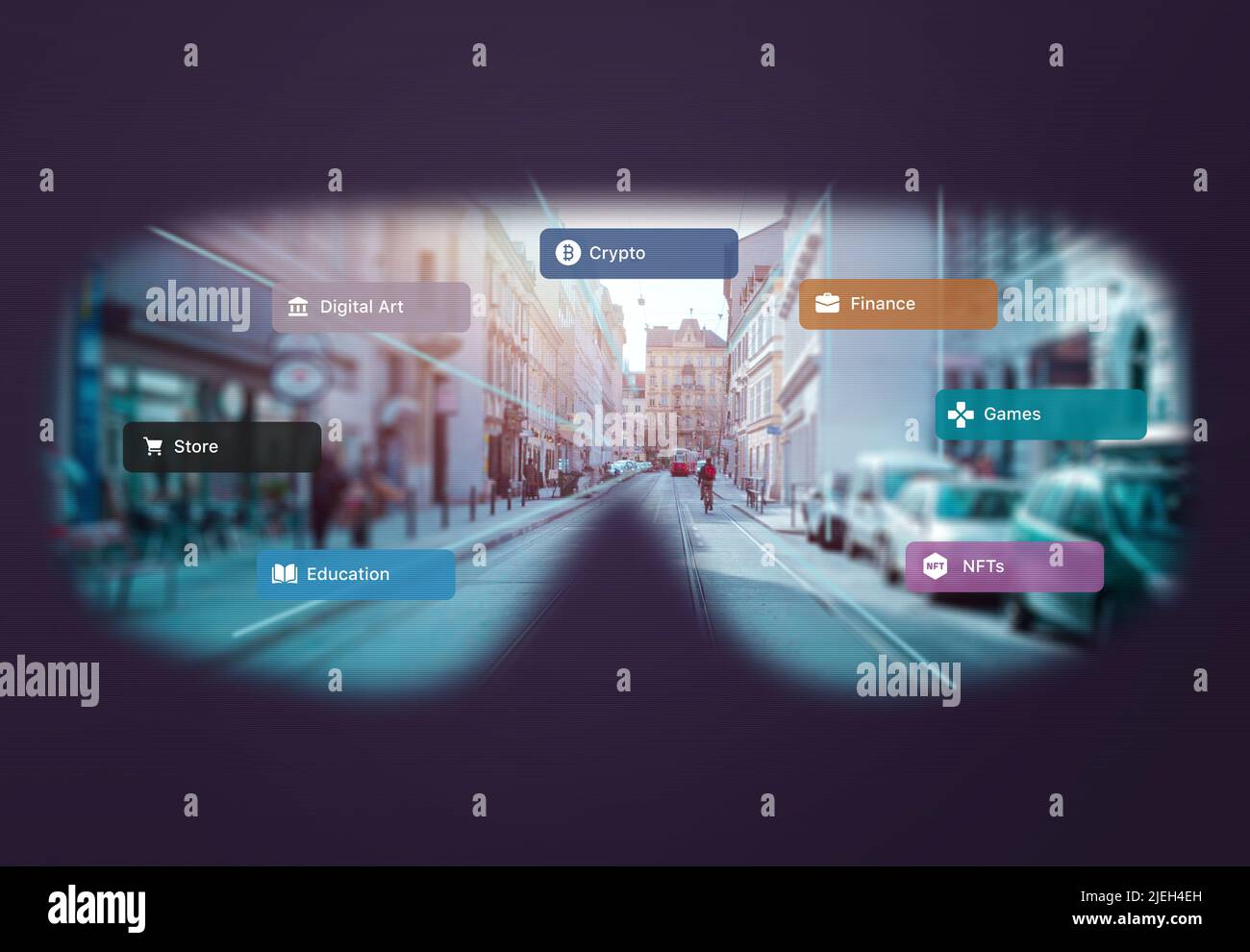 Vista della città metaverse attraverso il concetto di occhiali VR. Opzioni di interfaccia per negozi in visita, arte digitale, giochi, cripto, nft Foto Stock