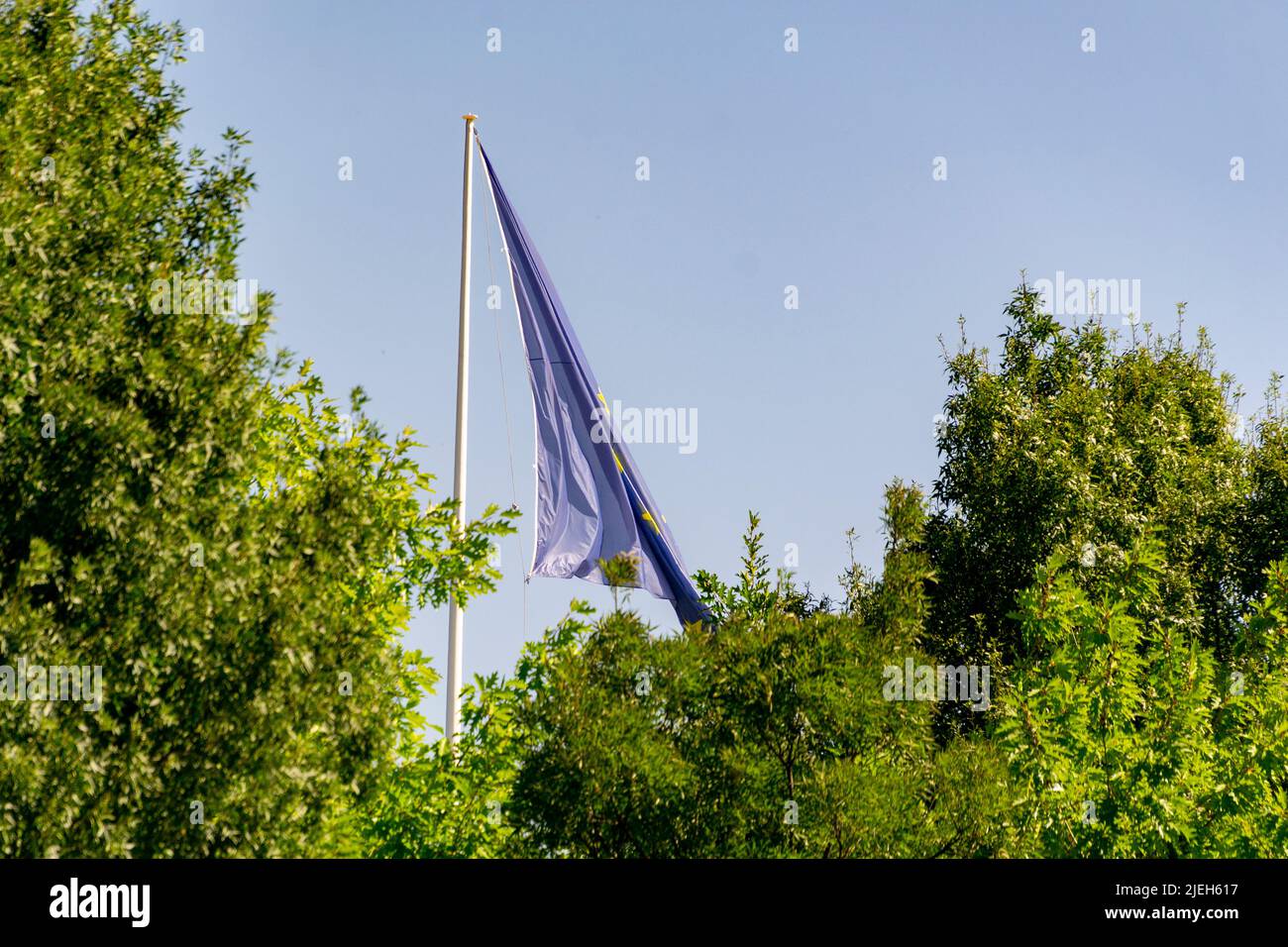 Bandiera dell'Unione europea che sventola su un flagpolo in un parco nella città di Madrid, in Spagna. Europa. Fotografia orizzontale. Foto Stock