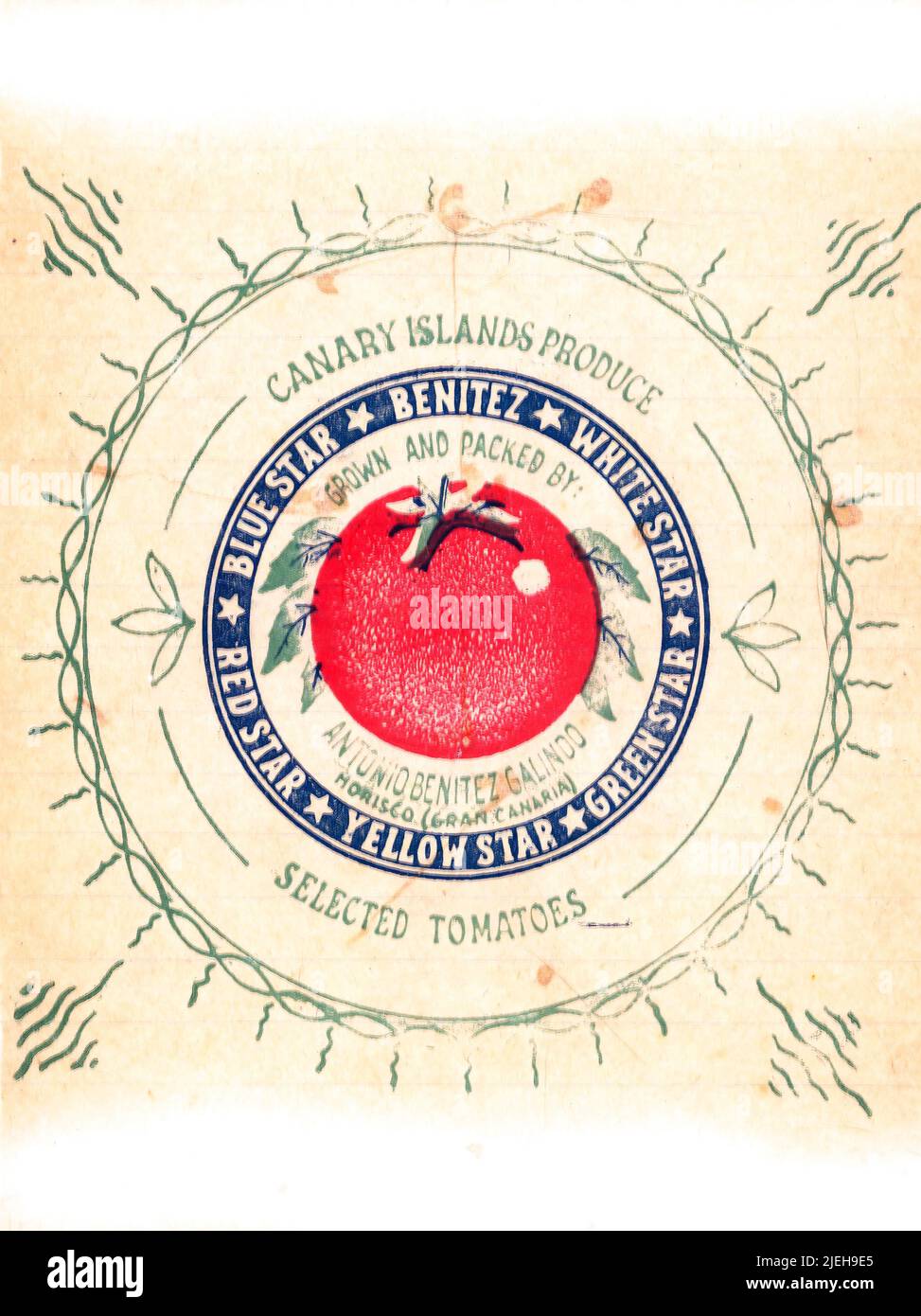 Involucro di carta di tessuto di frutta fresca, dalla metà del 1950s Inghilterra, con marchio del coltivatore. Pomodori di marca Benitez dalle isole Canarie. Rosso, blu, verde. Foto Stock