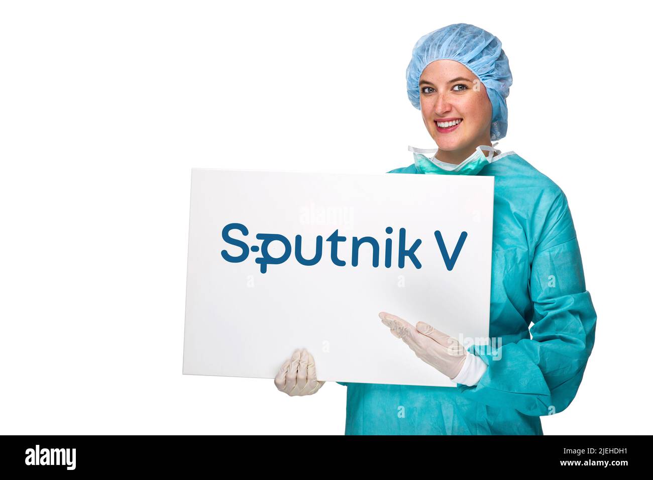 Arzt, Ärztin, OP-Schwester, Maske, Schutzmaske, Corona, Covid-10, Maskenpflicht, FFP-2-Maske, Medizinische Maske, Schild, Tafel, Werbung, Sputnik V, Foto Stock