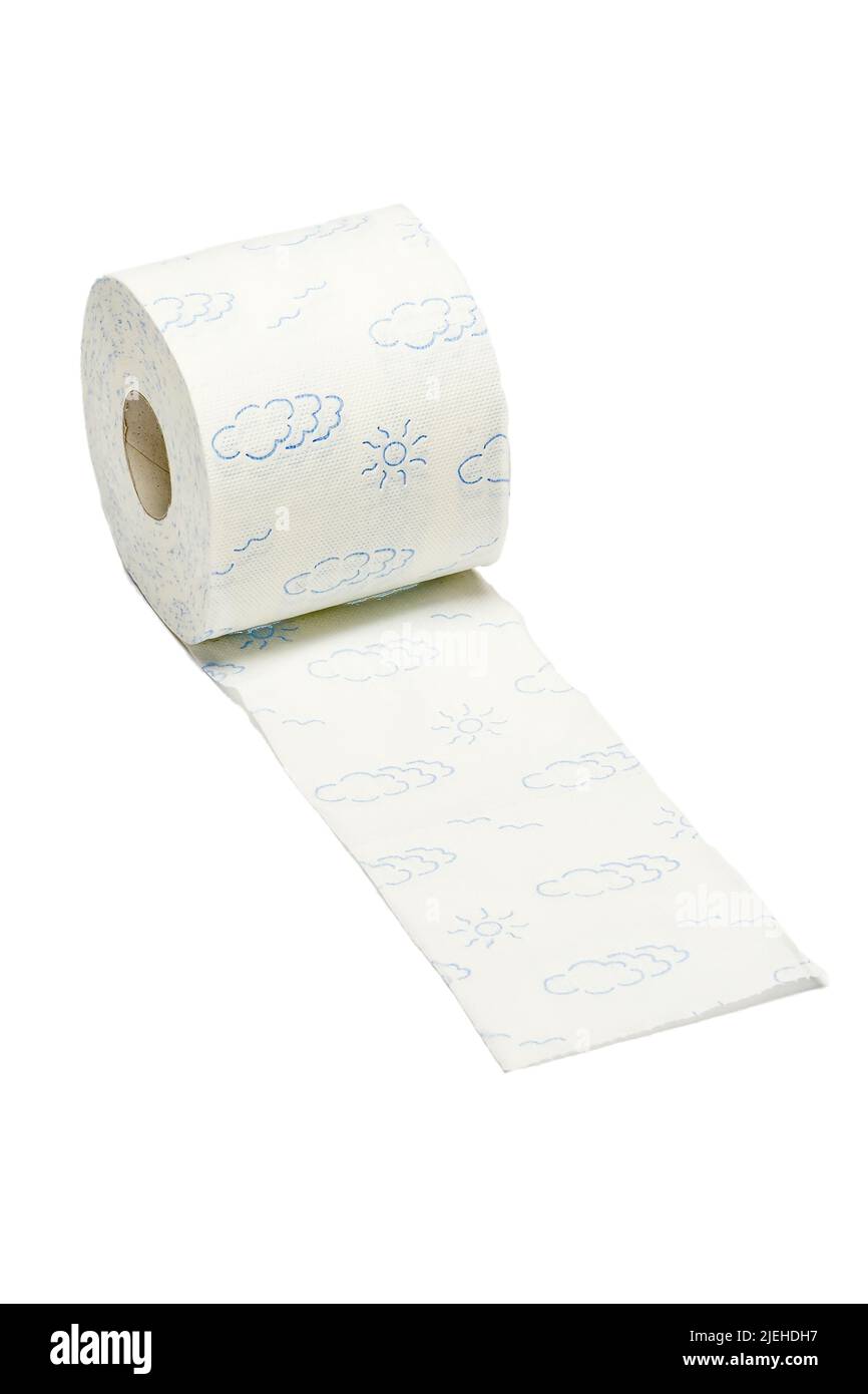 Toilettenpapier auf der Rolle, Hamsterkauf, Vorrat, Pandemie, Toilette, Intimpflege, Freisteller, weisser Hintergrund, Foto Stock