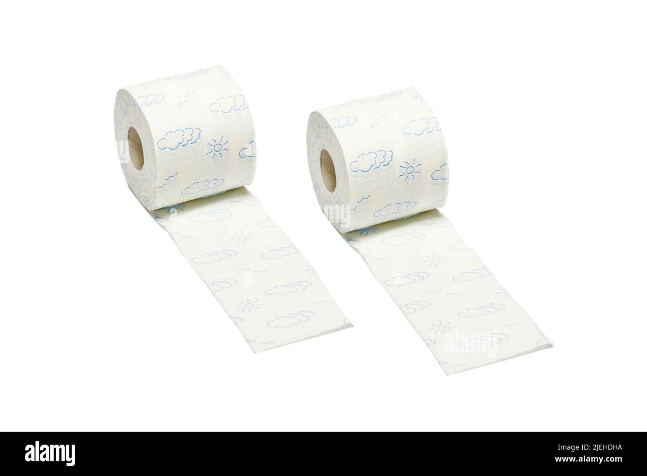 Zwei Rollen Toilettenpapier, Hamsterkauf, Vorrat, Pandemie, Toilette, Intimpflege, Freisteller, weisser Hintergrund, Foto Stock