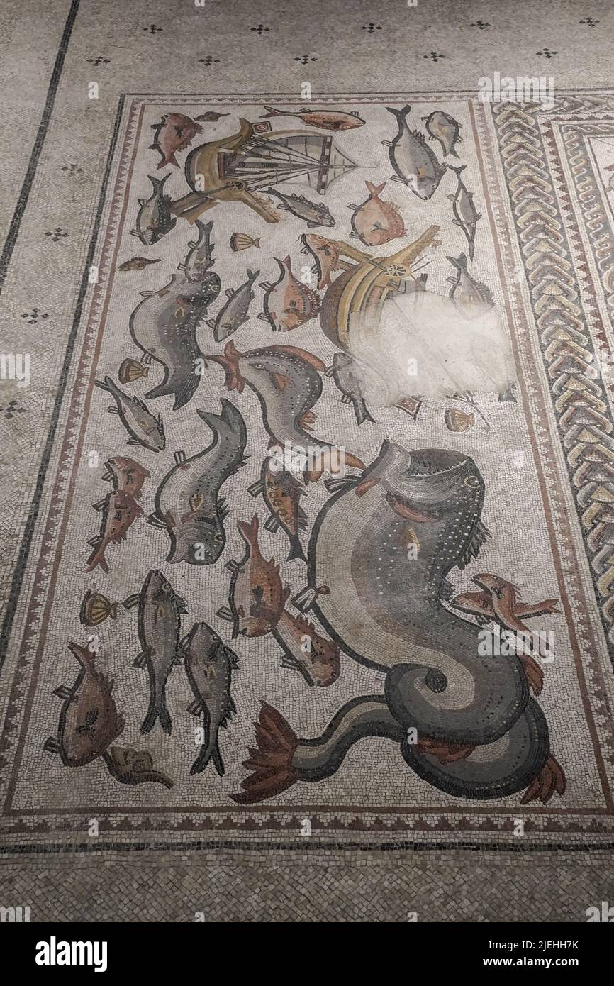 LOD, Israele. 27th giugno 2022. L'autorità israeliana delle Antichità inaugura il Centro Archeologico Mosaico Shelby White e Leon Levy Lod. L'obiettivo del centro è quello di mostrare un mosaico di 1.710 piedi quadrati, di epoca romana (dal 3rd al 4th secolo CE) che serviva come pavimento di una villa di soggiorno in un ricco complesso residenziale a Lod. Credit: NIR Alon/Alamy Live News Foto Stock