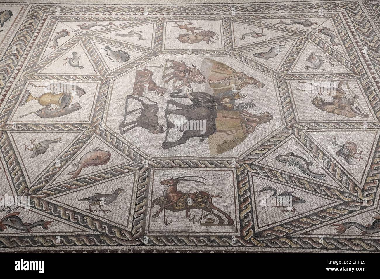 LOD, Israele. 27th giugno 2022. L'autorità israeliana delle Antichità inaugura il Centro Archeologico Mosaico Shelby White e Leon Levy Lod. L'obiettivo del centro è quello di mostrare un mosaico di 1.710 piedi quadrati, di epoca romana (dal 3rd al 4th secolo CE) che serviva come pavimento di una villa di soggiorno in un ricco complesso residenziale a Lod. Credit: NIR Alon/Alamy Live News Foto Stock