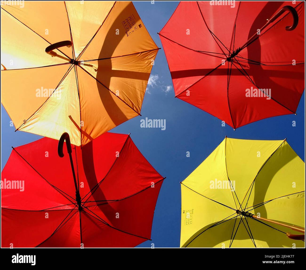 Bunte Regenschirme vor blauen Himel, rote, gelbe, aufgespannte Schirme, Foto Stock