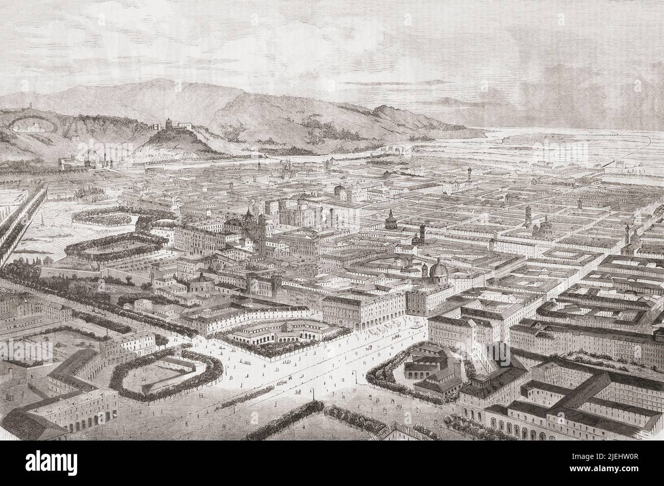 Veduta generale di Torino, Italia, vista qui nel 19th secolo. Da l'Univers Illustre, pubblicato Parigi, 1859 Foto Stock