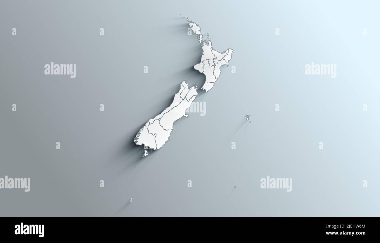 Mappa geografica politica del Paese della Nuova Zelanda con regioni con Ombre Foto Stock