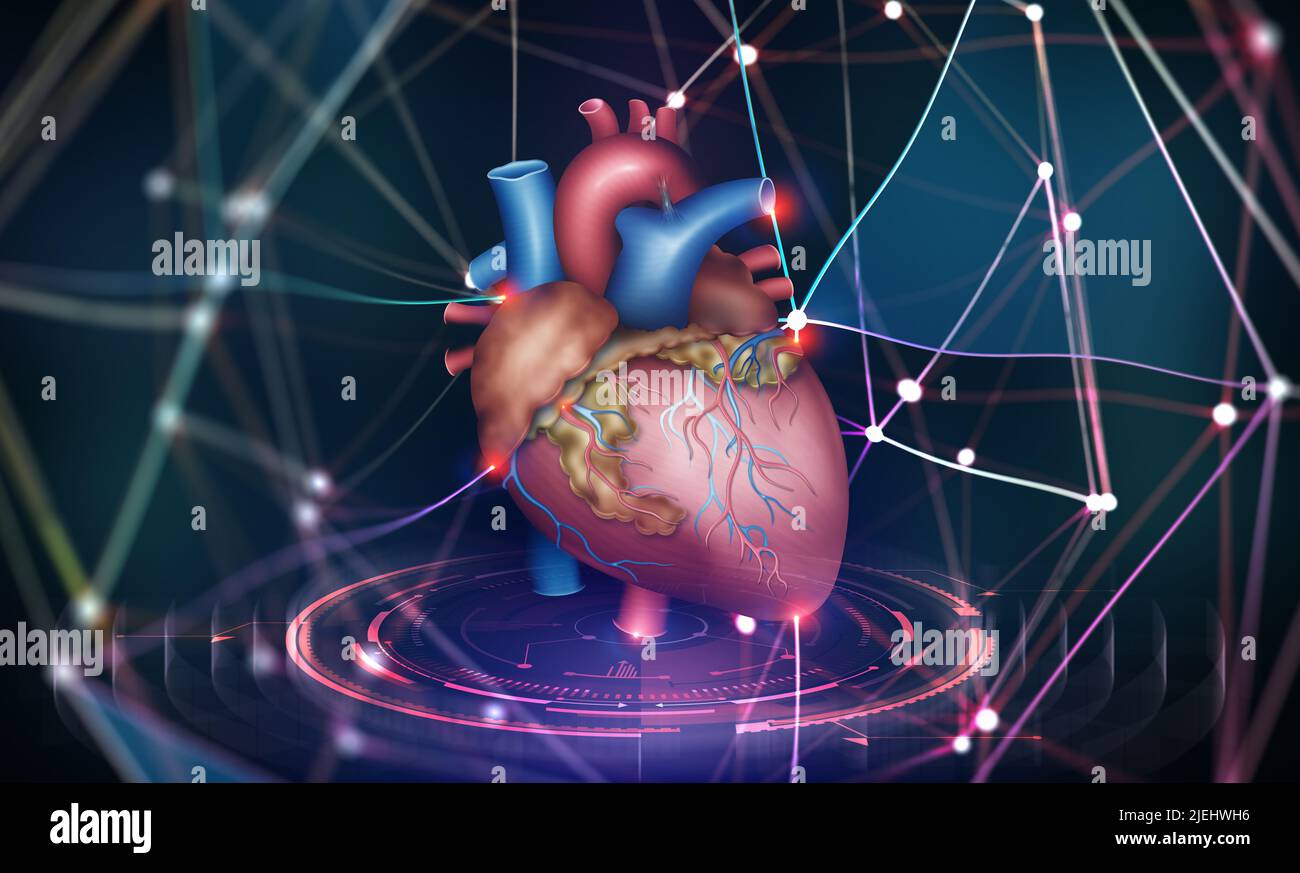 Cuore umano. Tecnologia del futuro in medicina. Transportologia e intelligenza artificiale. 3D illustrazione di un ologramma di cuore nello spazio virtuale Foto Stock