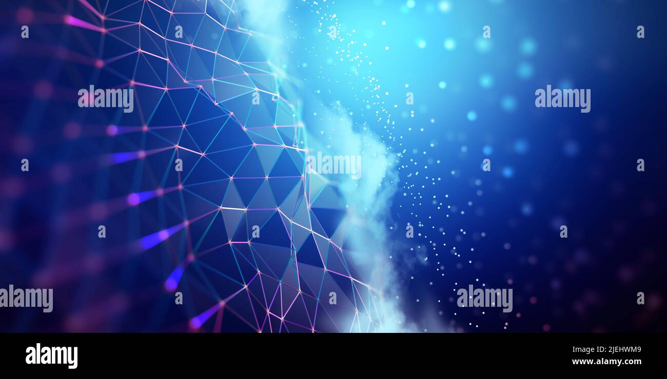 Big data e cybersicurezza 3D illustrazione. Reti neurali e tecnologie cloud. Database globale e intelligenza artificiale Foto Stock