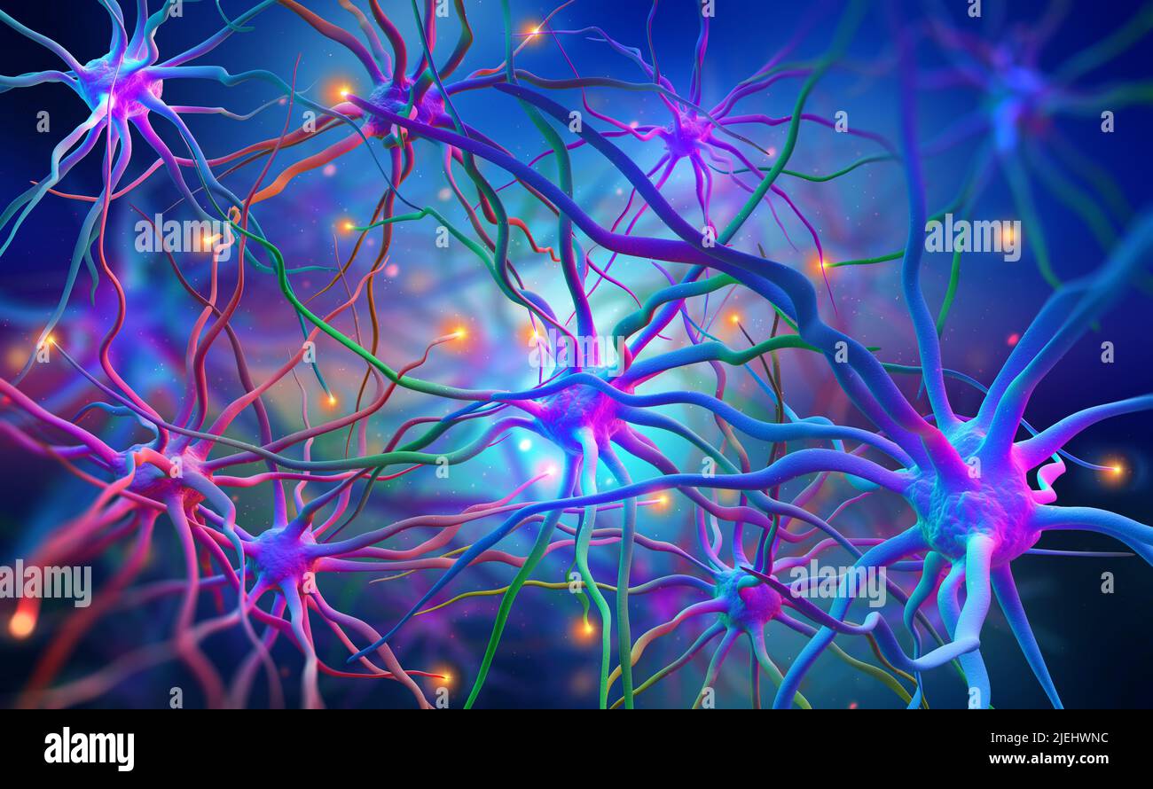 Reti neurali del cervello umano. 3d illustrazione dei centri astratti del nervo. Impulsi elettrici nel cervello. Colori brillanti Foto Stock