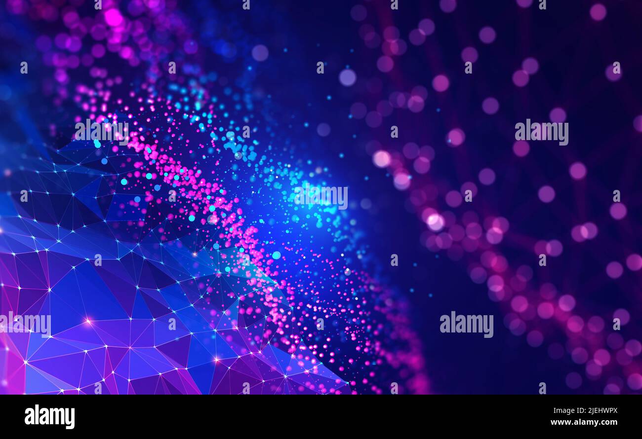 Illustrazione della rete neurale 3D. Big data e sicurezza informatica. Database globale e intelligenza artificiale. Sfondo luminoso e colorato Foto Stock