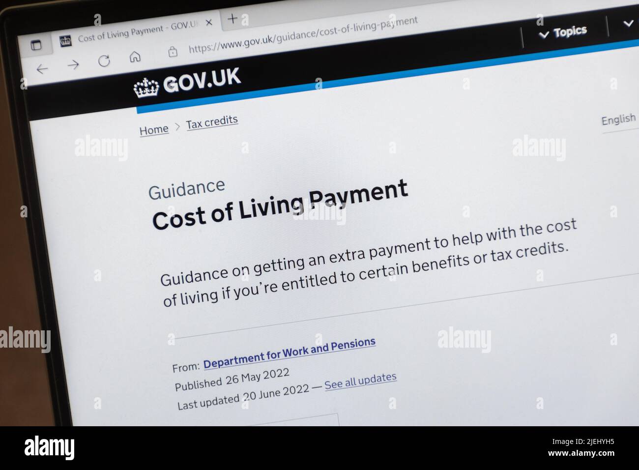 Cost of Living Payment, guida alla domanda di sostegno finanziario sul sito gov.uk, 2022 Foto Stock