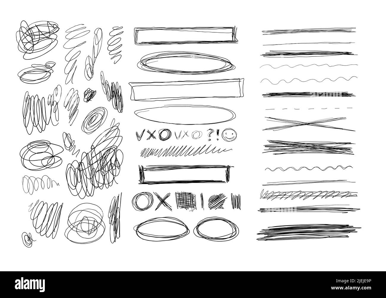 Set di linee tracciate a mano. Design Doodle. Tracciare con una penna, strisce con una matita. Elementi astratti neri per il design. Vettore di scorta isolato su bianco Illustrazione Vettoriale