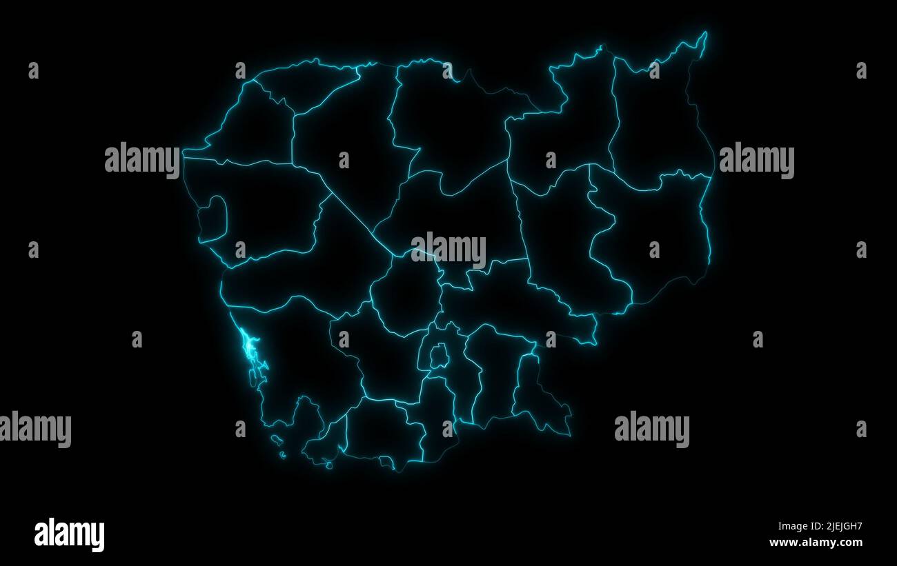 Profilo astratto della mappa della Cambogia con le province che illuminano il profilo su sfondo nero Foto Stock