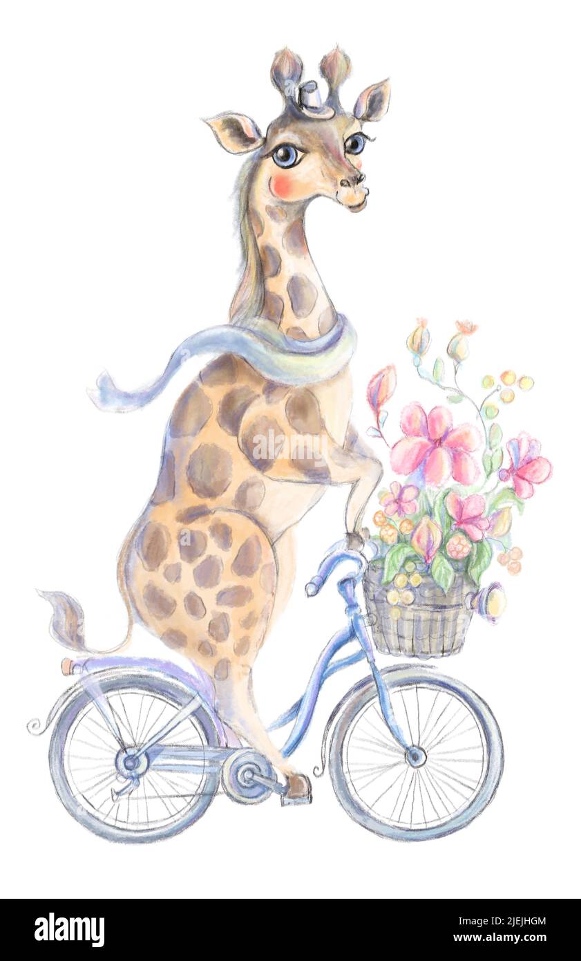 Sublimation Design, Giraffe, PNG Clipart, Giraffe in bicicletta, New Baby Card Des Foto Stock