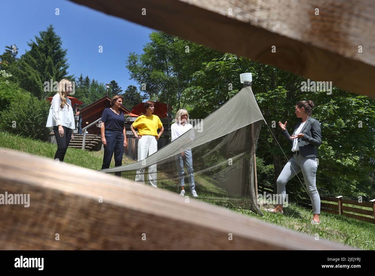 Elmau, Germania. 27th giugno 2022. Veronika Hierlmeier del Bavarian Species Conservation Centre, dimostra una trappola per insetti presso la capanna Elmauer Alm, Carrie Johnson, moglie del primo ministro britannico Boris Johnson (l-r), Britta Ernst, moglie del cancelliere tedesco OLAF Scholz (SPD), Amelie Derbaudrenghien, partner del presidente del Consiglio dell'UE Charles Michel e Brigitte Macron, Moglie del presidente francese Emmanuel Macron. Credit: Karl-Josef Hildenbrand/dpa/Alamy Live News Foto Stock