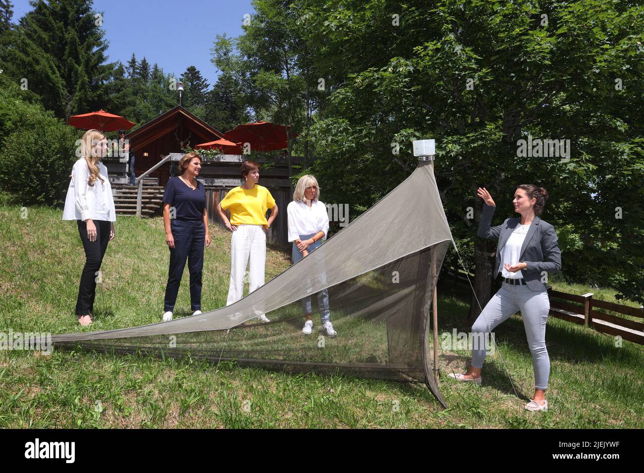 Elmau, Germania. 27th giugno 2022. Veronika Hierlmeier del Bavarian Species Conservation Centre, dimostra una trappola per insetti presso la capanna Elmauer Alm, Carrie Johnson, moglie del primo ministro britannico Boris Johnson (l-r), Britta Ernst, moglie del cancelliere tedesco OLAF Scholz (SPD), Amelie Derbaudrenghien, partner del presidente del Consiglio dell'UE Charles Michel e Brigitte Macron, Moglie del presidente francese Emmanuel Macron. Credit: Karl-Josef Hildenbrand/dpa/Alamy Live News Foto Stock