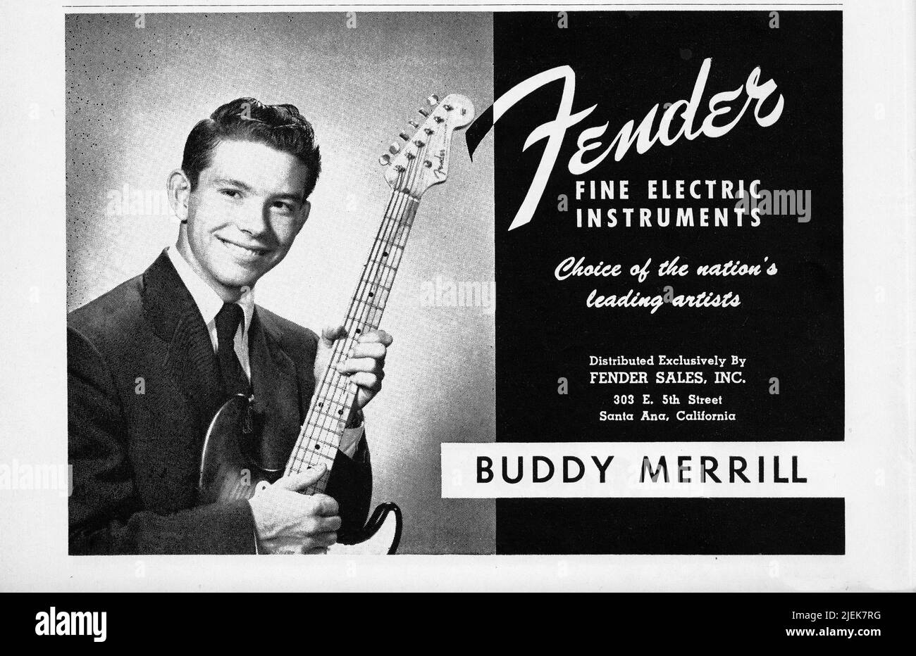 Un annuncio Fender da una rivista musicale del 1950s con il chitarrista Buddy Merrill, un chitarrista del Lawrence Welk Show. Foto Stock