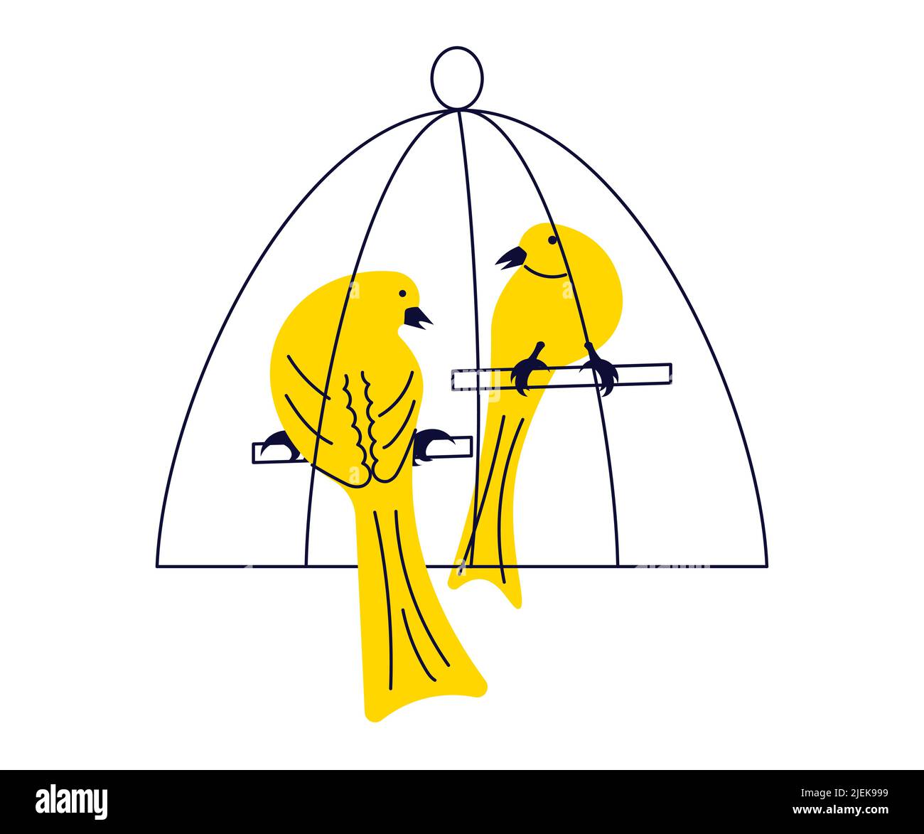 Simpatico paio di uccelli canarino in gabbia, uccelli songbird stilizzati animali domestici isolati su uno sfondo bianco. Illustrazione del vettore Flat Art Illustrazione Vettoriale