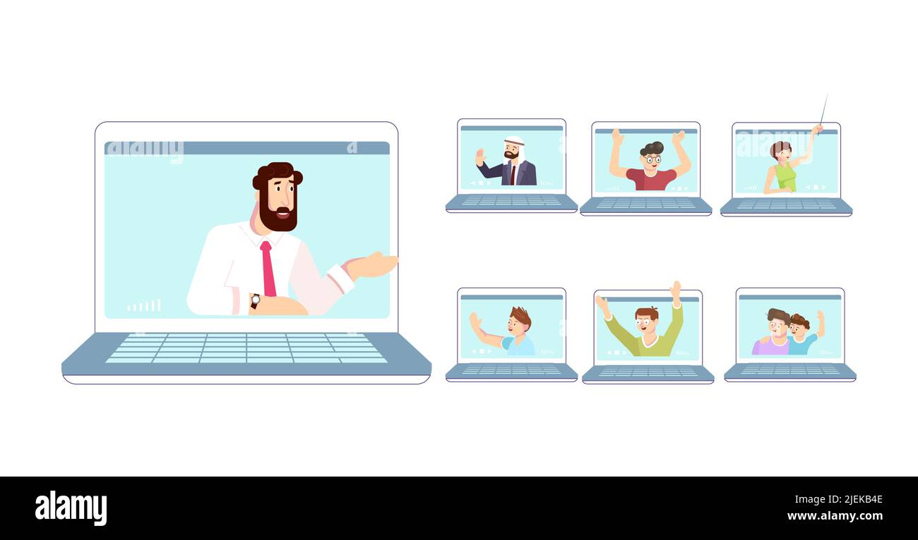 Il gruppo di persone ha una videochiamata in conferenza, incontri virtuali con colleghi, parenti o amici e lavoro o apprendimento tramite computer portatile. Flat Art Vector i Illustrazione Vettoriale