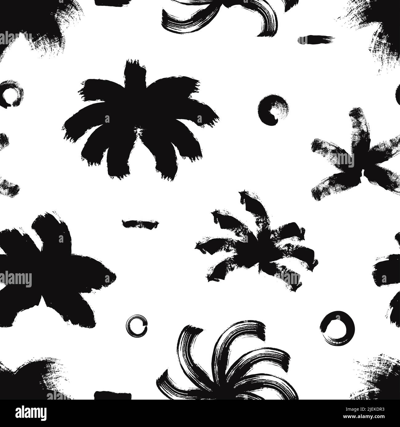 Grunge astratto palmo naturale senza cuciture motivo. Stampa in tessuto con elementi a spazzola a inchiostro. Sfondo vettoriale nero alla moda Illustrazione Vettoriale