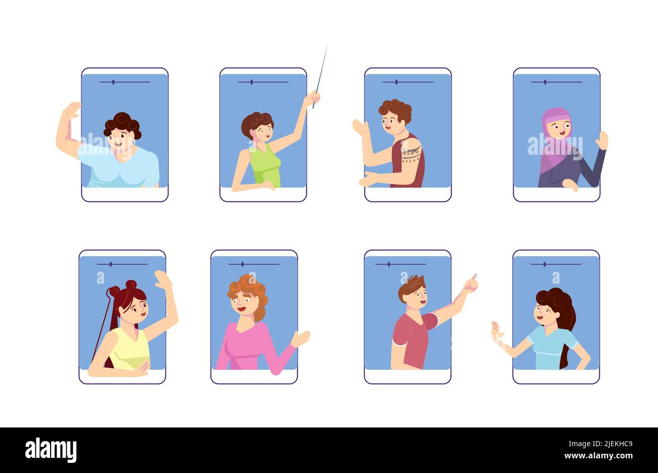 Il gruppo di persone ha una videochiamata in conferenza, una riunione virtuale con colleghi, parenti o amici e un lavoro o un apprendimento tramite smartphone. Flat Art Vect Illustrazione Vettoriale