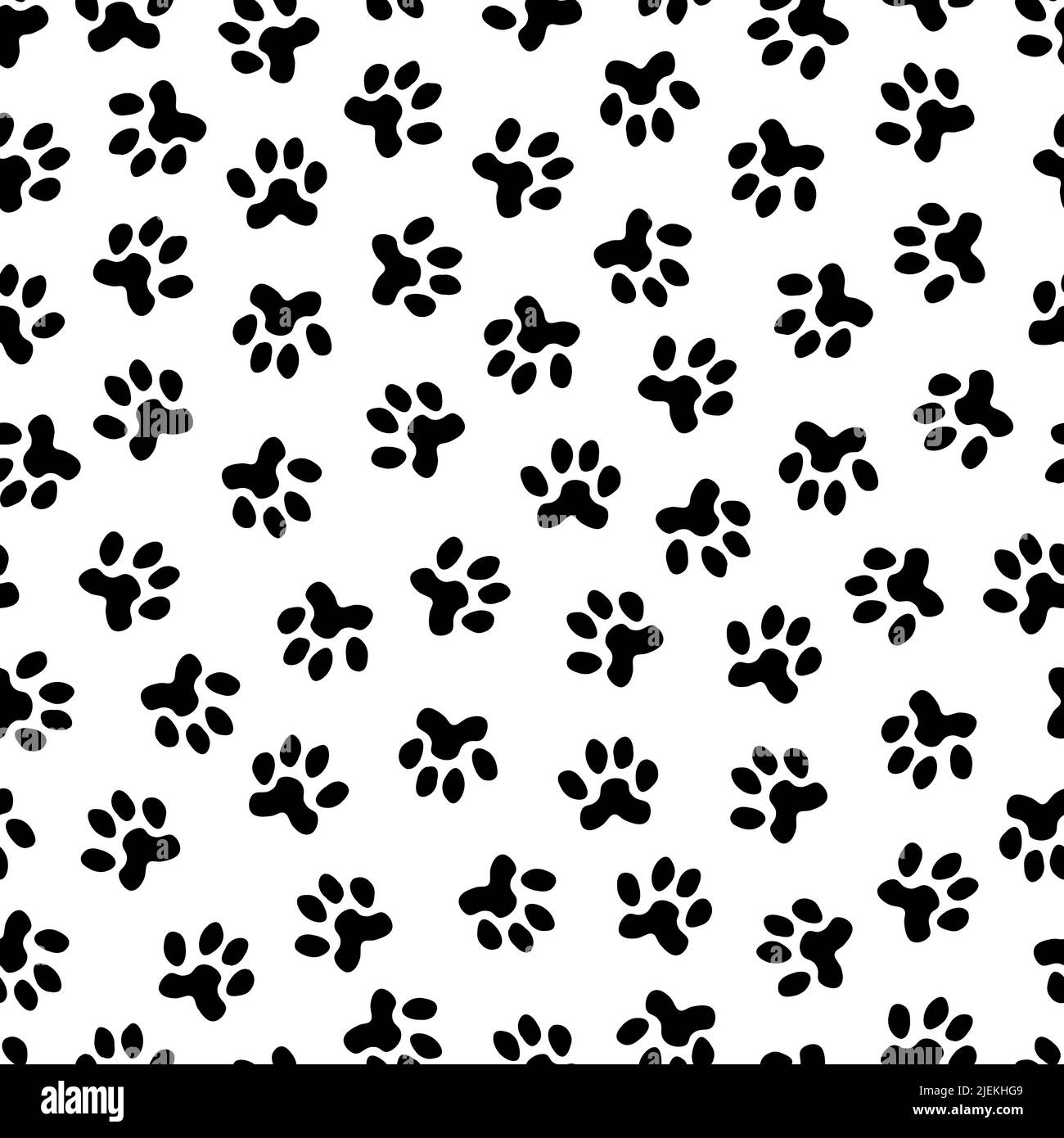 Animali domestici footprint sfondo nero. Paw passi cane o gatto, silhouette selvatiche piede animale. Semplice disegno astratto senza giunture, stampa vettoriale PET Illustrazione Vettoriale