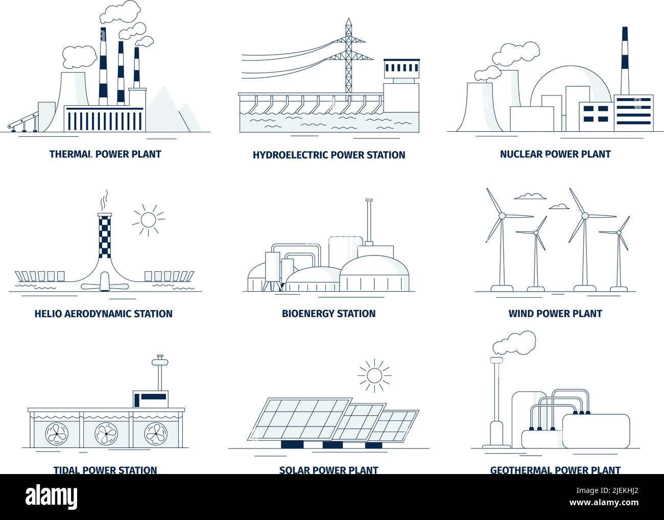 Elementi di energia. Batteria ecologica, pannelli solari ed energia alternativa. Stazione piatta, fonte di energia rinnovabile e verde, eco recentissimo set vettoriale Illustrazione Vettoriale
