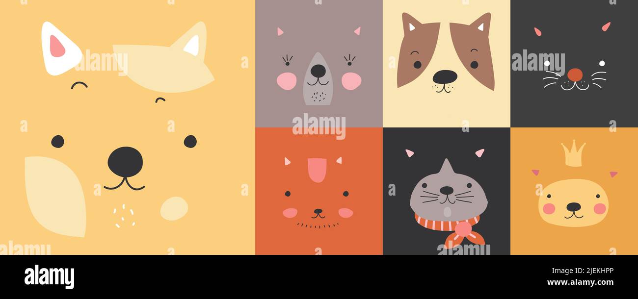 Cute animali stampe decorative. Gatti o cuccioli volti per bambini, arredamento in tessuto scandinavo per cuscini, tappeti, vestiti. Modello vettoriale per baby cards Illustrazione Vettoriale