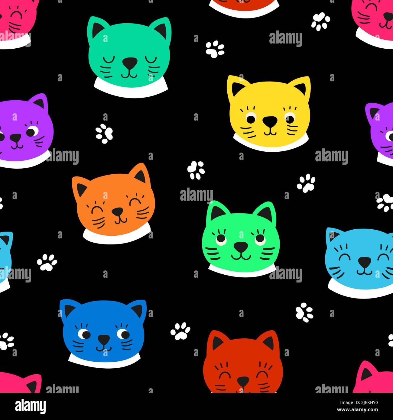 Kitten teste modello senza cuciture. Cat Faces tessuto stampa, neon colore caratteri e zampe vettore sfondo. Design decorativo infantile Illustrazione Vettoriale