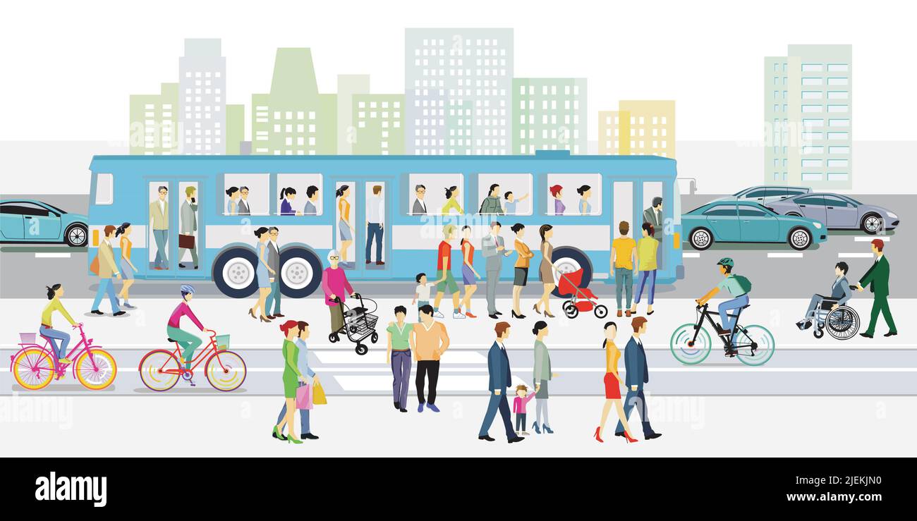 Traffico stradale con fermata dell'autobus, pedoni sulla traversata zebra e illustrazione ciclisti Illustrazione Vettoriale