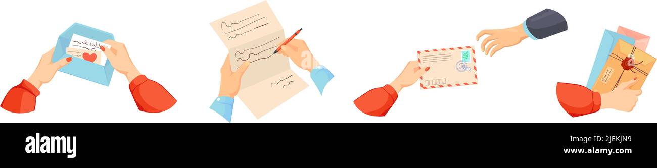 Invio di lettere postali. Scrittura manuale di lettere future, messaggio cartaceo scritto a mano, invio di cartoline, illustrazione vettoriale cartoon. Lettera e messaggio, concetto di cartolina Illustrazione Vettoriale