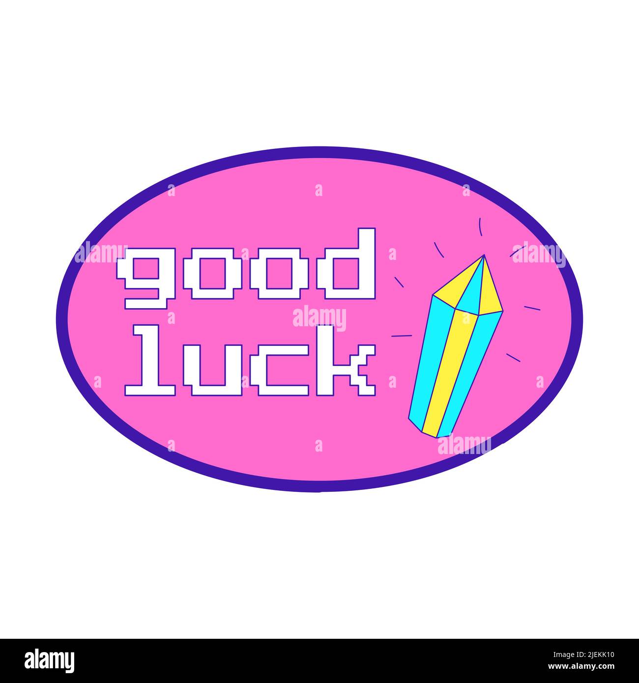 Y2K adesivo a forma di ovale con cristallo brillante e frase Buona fortuna. Font retro pixel. Elemento grafico di testo in colori acidi brillanti. Nostalg Illustrazione Vettoriale