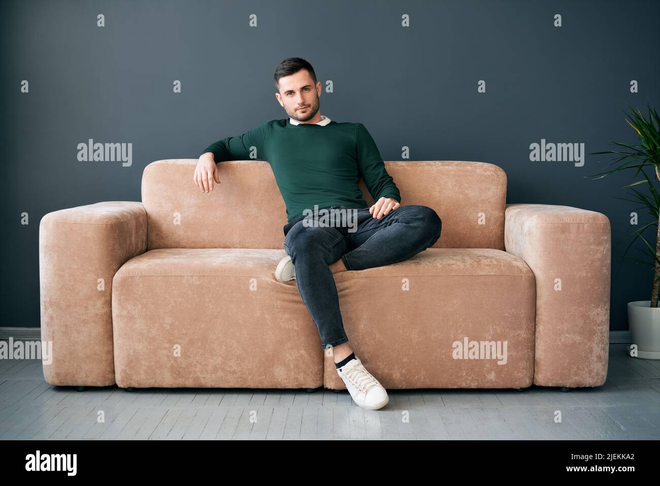 Bell'uomo alla moda in posa guardando la macchina fotografica mentre si siede sul divano comfort in appartamento moderno. Ritratto maschile Foto Stock