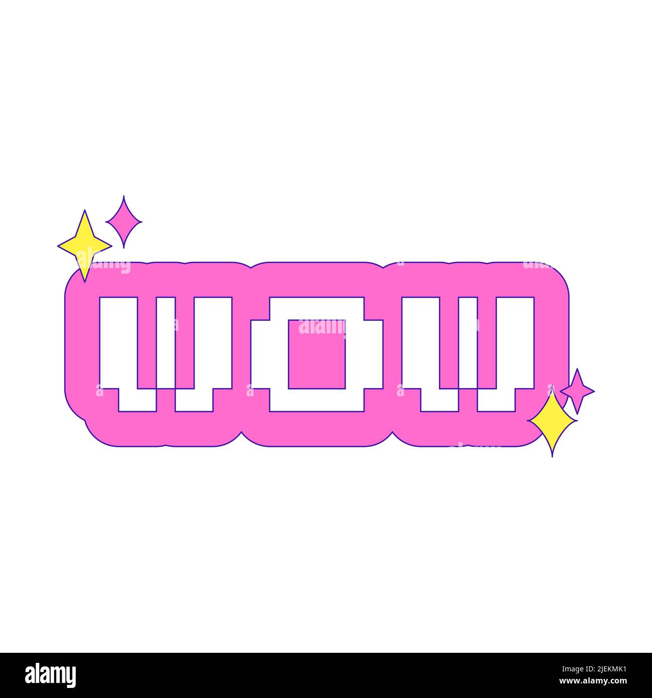Adesivo Y2K. La parola WOW. Font retro pixel. Adesivo con contorno rosa ed elementi bling. Nostalgia per il 2000s. L'illustrazione vettoriale di testo semplice è Illustrazione Vettoriale