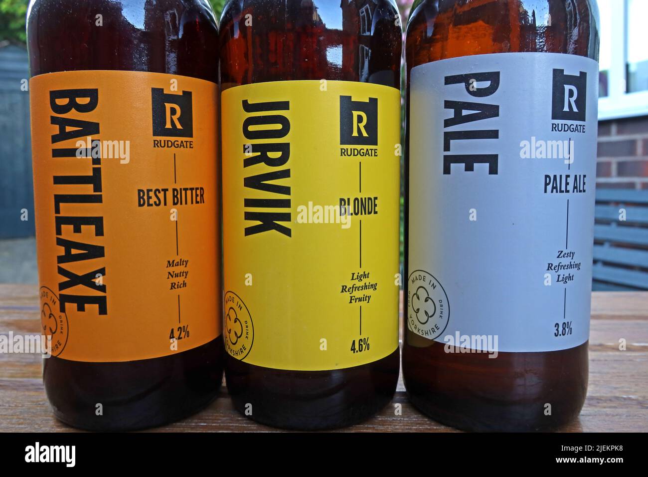 Birreria Rudgate, Battleaxe Jorvik pale Craft ale bottles, York, Yorkshire, Inghilterra, Regno Unito, Y01 Foto Stock