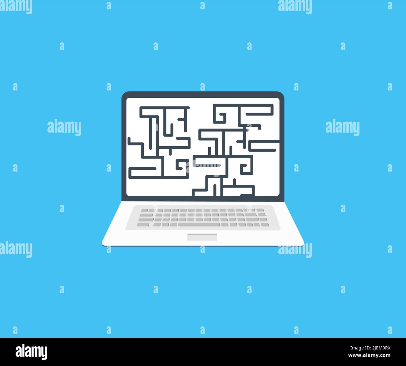 Labirinto sullo schermo del laptop. Gioco di labirinto linea. Logo di media complessità. Disegno vettoriale labirinto e illustrazione. Illustrazione Vettoriale