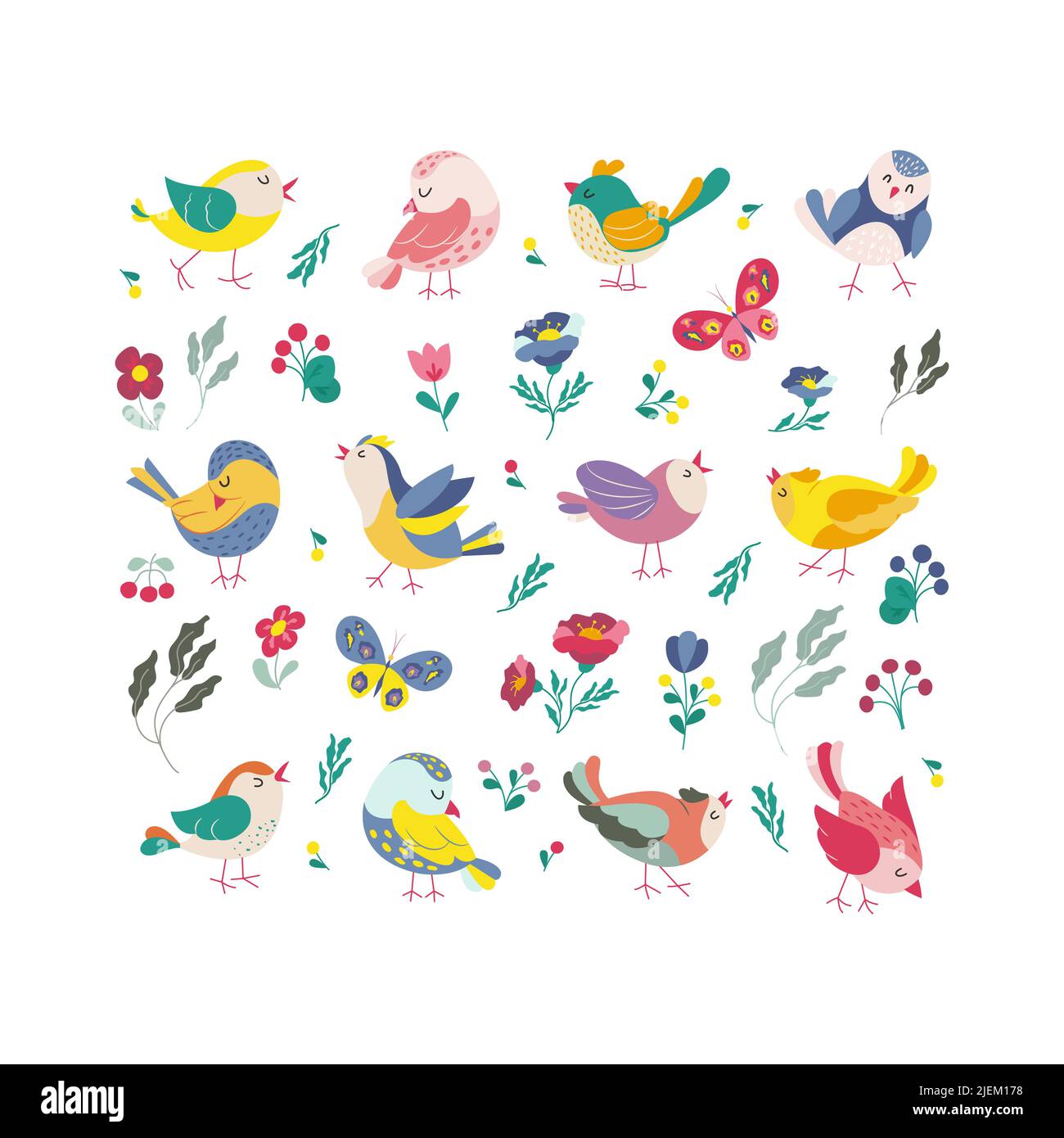 Divertente uccelli colorati farfalle e fiori set. Collezione di uccelli esotici. Illustrazione vettoriale in stile piatto Illustrazione Vettoriale
