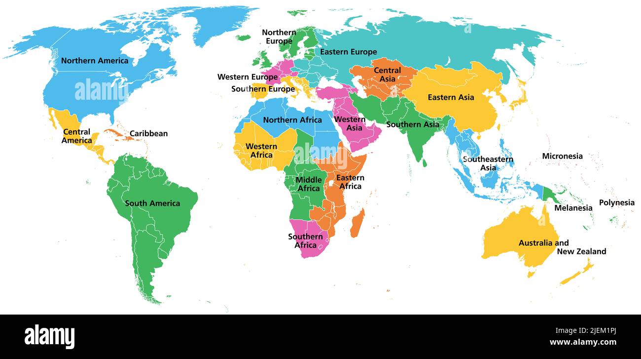 Sottoregioni statistiche del mondo, geoscheme e mappa politica. Sistema che divide tutti i paesi e territori del mondo in gruppi. Foto Stock