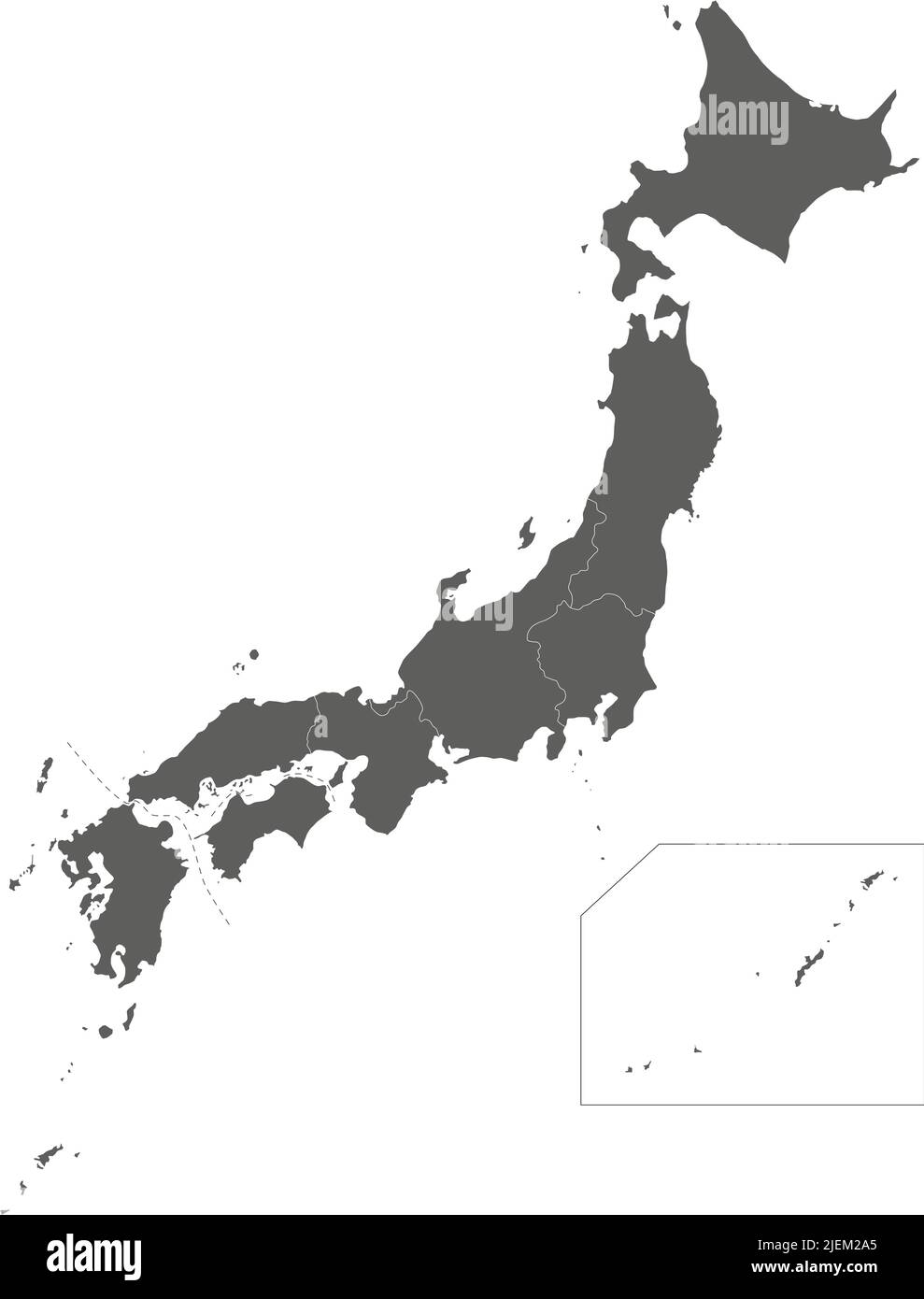 Mappa vettoriale vuota del Giappone con regioni e divisioni amministrative. Livelli modificabili e chiaramente etichettati. Illustrazione Vettoriale