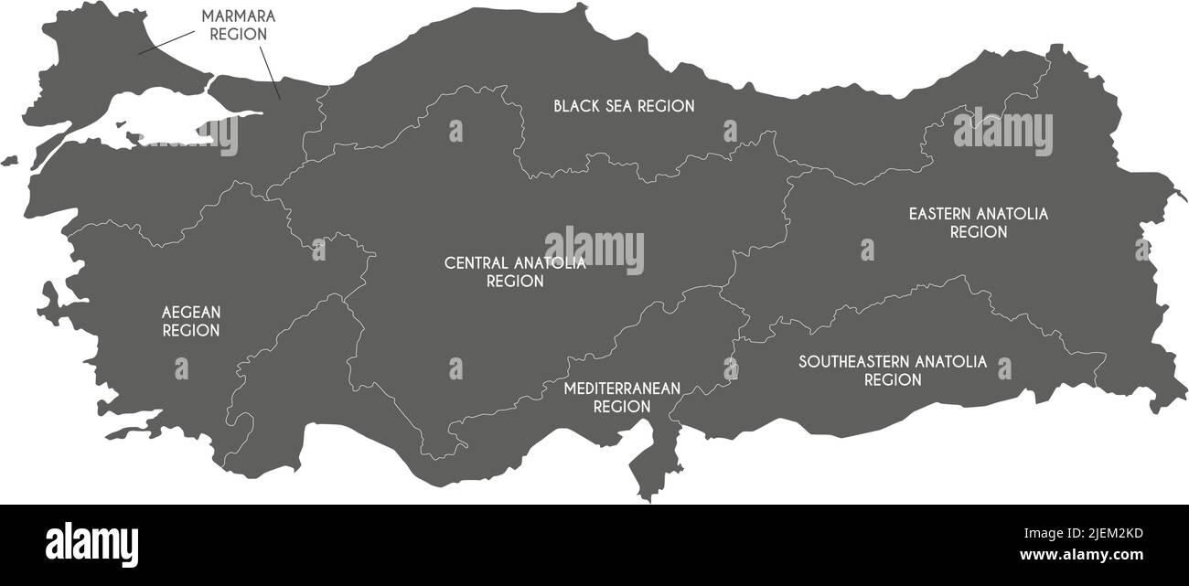 Mappa vettoriale della Turchia con regioni e divisioni geografiche. Livelli modificabili e chiaramente etichettati. Illustrazione Vettoriale