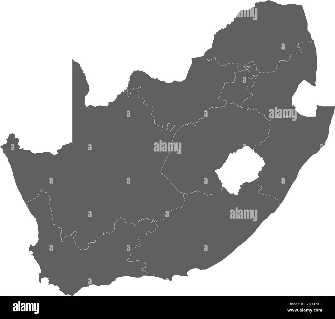 Mappa vettoriale in bianco del Sudafrica con province e divisioni amministrative. Livelli modificabili e chiaramente etichettati. Illustrazione Vettoriale