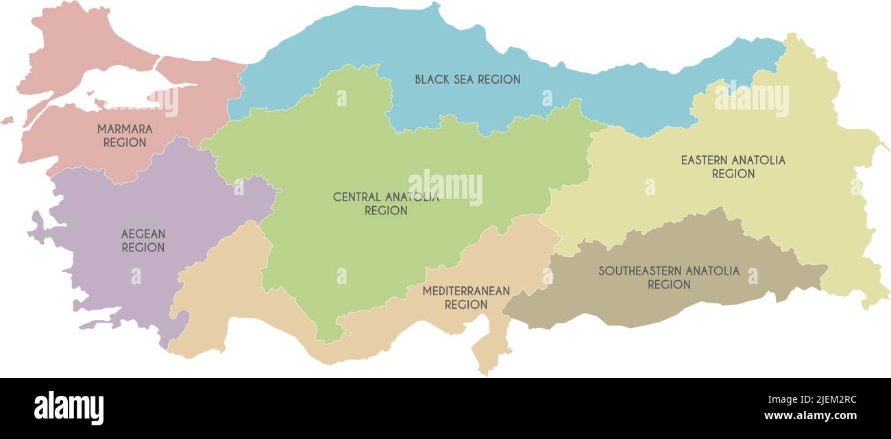 Mappa vettoriale della Turchia con regioni e divisioni geografiche. Livelli modificabili e chiaramente etichettati. Illustrazione Vettoriale