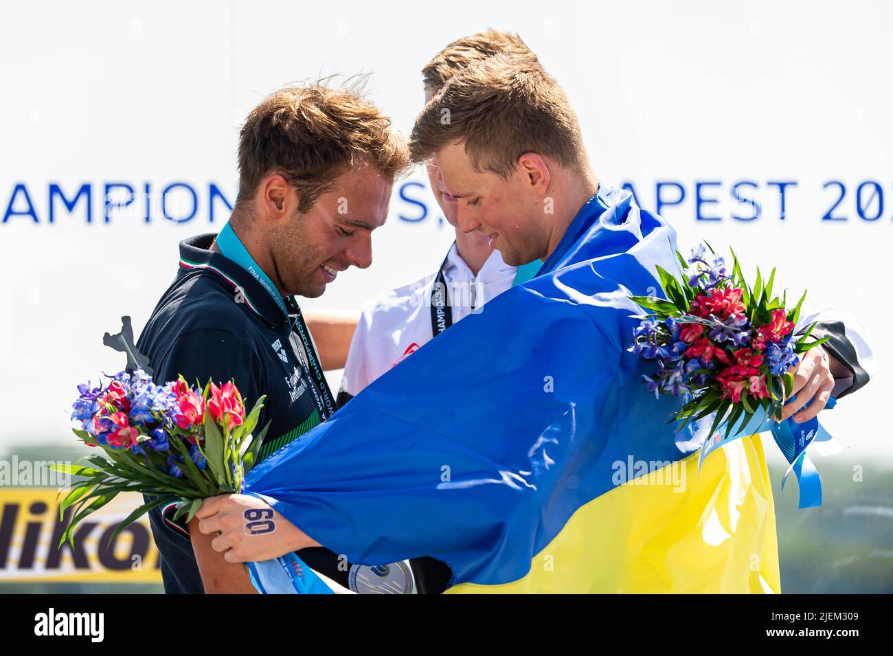 PALTRINIERI Gregorio ITA ROMANCHUK Mykhailo UKR WELLBROCK Florian GER Open Water Swimming FINA 19th World Championships Budapest 2022 Budapest, Lago Lupa 27/06/22 Foto Giorgio Perottino / Deepbluemedia / Insidefoto Foto Stock