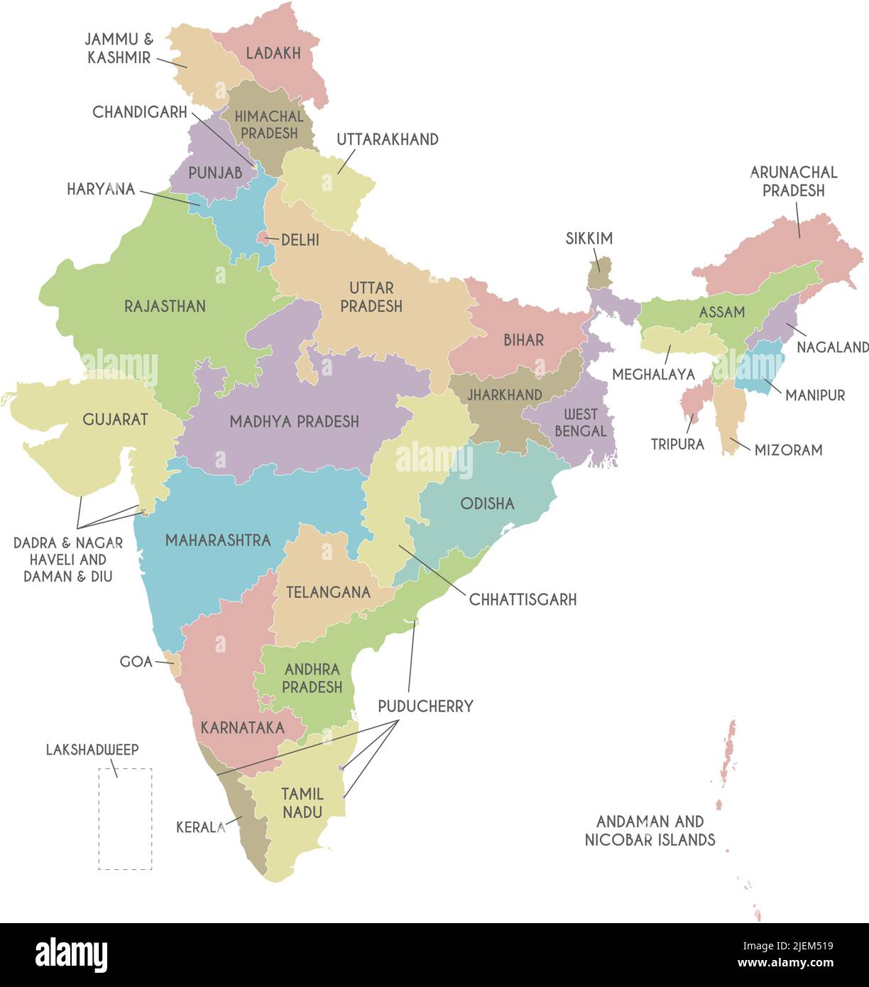 Mappa vettoriale dell'India con stati e territori e divisioni amministrative. Livelli modificabili e chiaramente etichettati. Illustrazione Vettoriale