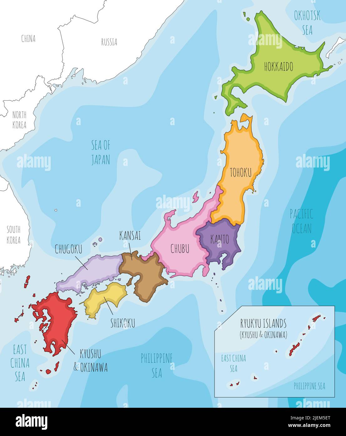 Mappa vettoriale illustrata del Giappone con regioni e divisioni amministrative e paesi vicini. Livelli modificabili e chiaramente etichettati. Illustrazione Vettoriale