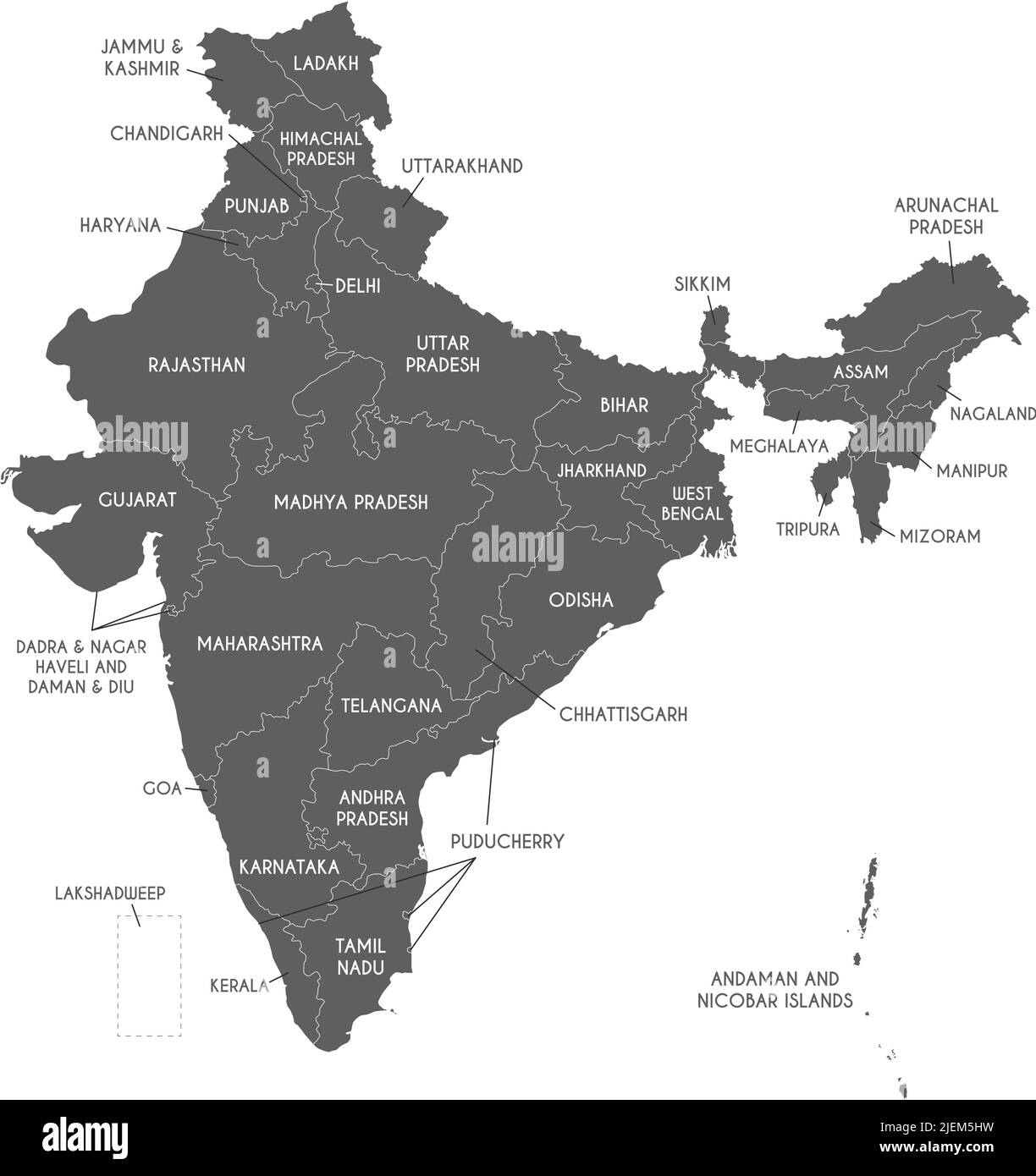 Mappa vettoriale dell'India con stati e territori e divisioni amministrative. Livelli modificabili e chiaramente etichettati. Illustrazione Vettoriale