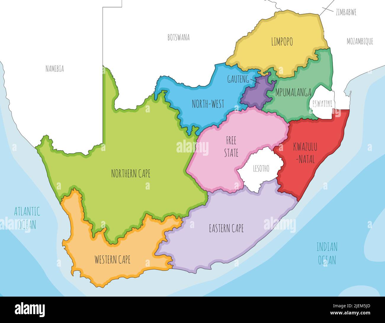 Mappa illustrata vettoriale del Sud Africa con province e divisioni amministrative, e paesi vicini. Livelli modificabili e chiaramente etichettati. Illustrazione Vettoriale