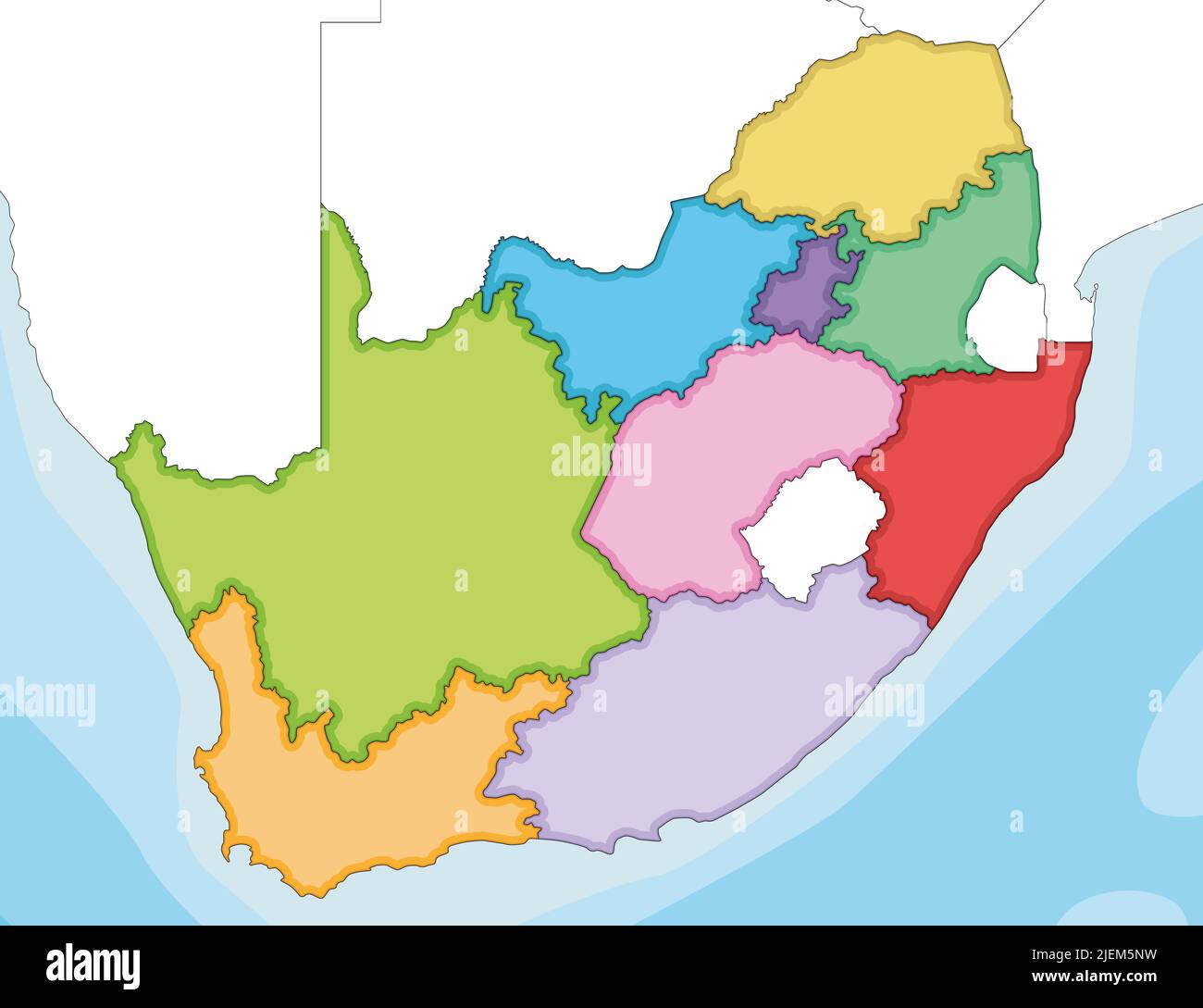 Vettore illustrato carta bianca del Sud Africa con province e divisioni amministrative, e paesi vicini. Lay modificabile e chiaramente etichettato Illustrazione Vettoriale