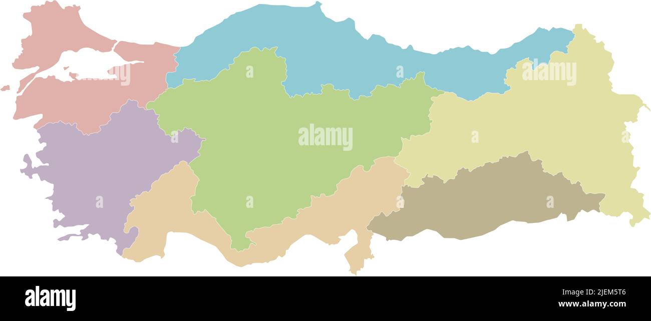 Mappa vettoriale vuota della Turchia con regioni e divisioni geografiche. Livelli modificabili e chiaramente etichettati. Illustrazione Vettoriale